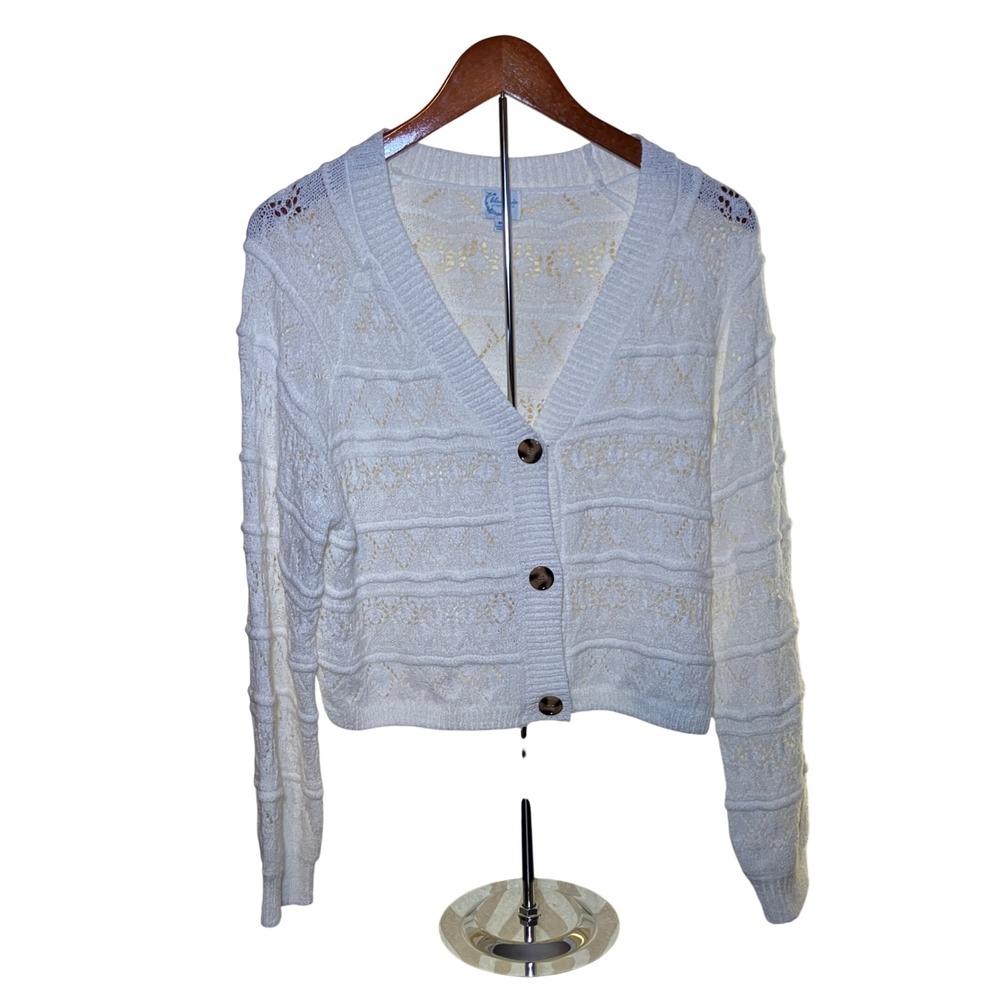 Blue Rain Cardigan Women Medium White  Pointelle Knit Cropped Sweater